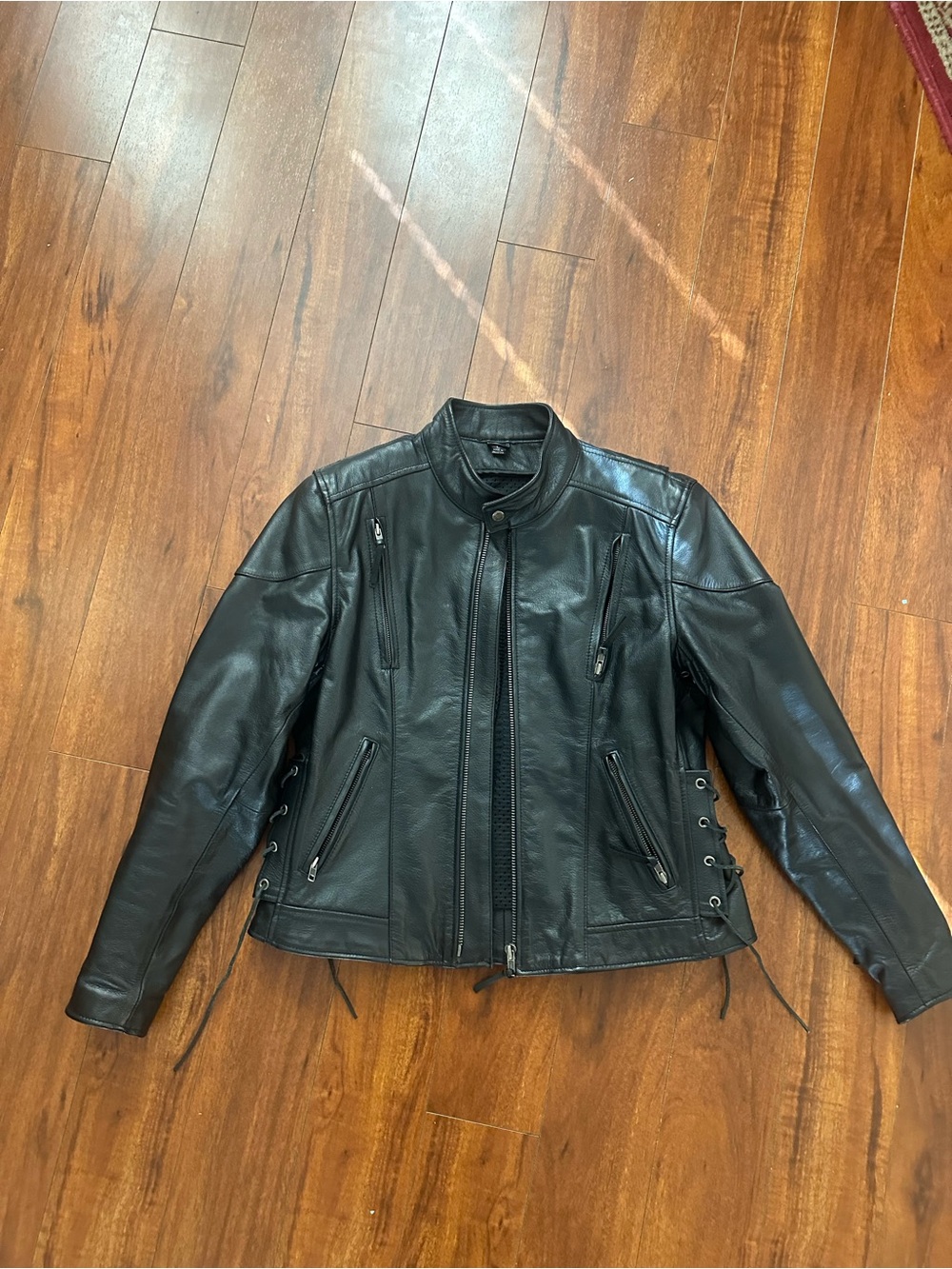Black Leather Moto Jacket with Side Lace-Up Detail